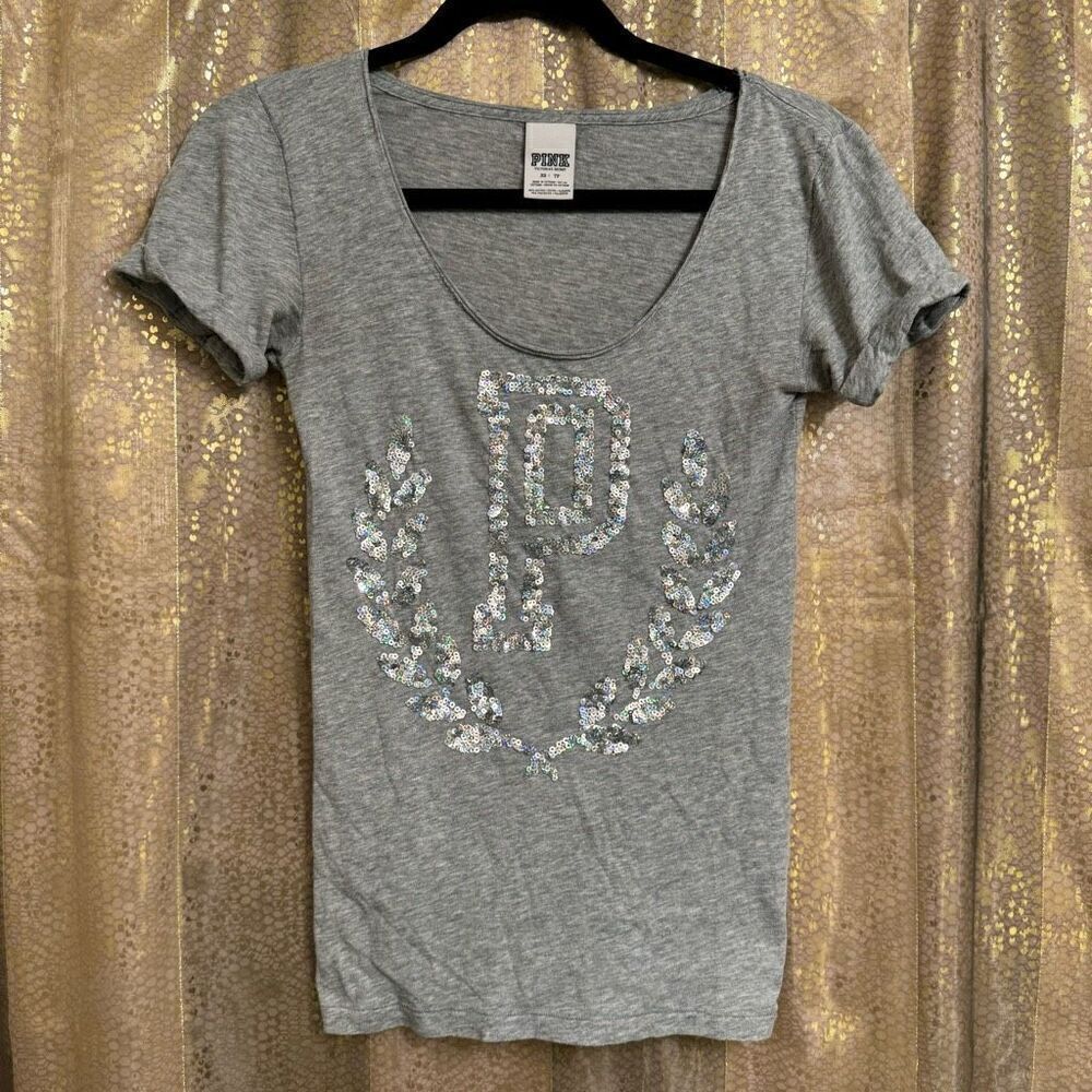 Y2K PINK Victorias Secret Gray Holographic Sequin Bling Crest T Shirt XS